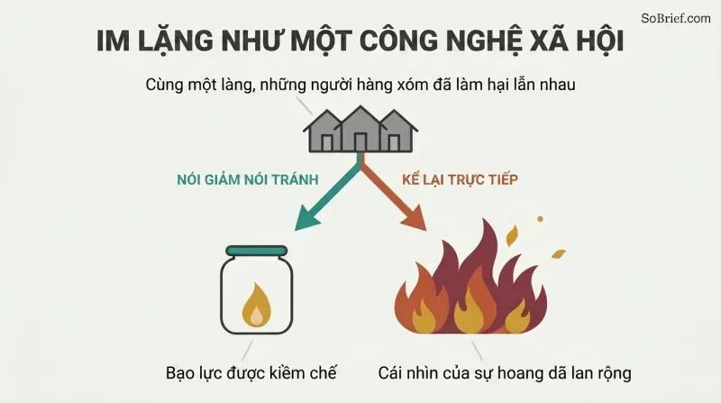 A fork shows the same village choosing cautious euphemism, which contains a single flame, versus direct retelling, which spreads fire into renewed violence.