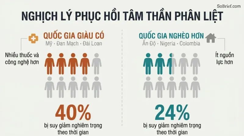 Split panel comparing severe-impairment rates, showing wealthy nations at 40 percent versus poorer nations at 24 percent. The image reveals that more medical resources correlate with worse long-term recovery.