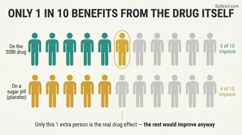 Two rows of ten human icons compare antidepressant and placebo groups, showing five versus four improve so only one person gains a true drug effect.