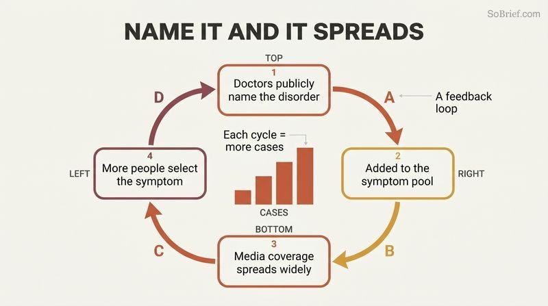 A circular feedback loop where publicly naming a disorder feeds a symptom pool, drives media coverage, and multiplies cases, intensifying with each turn.