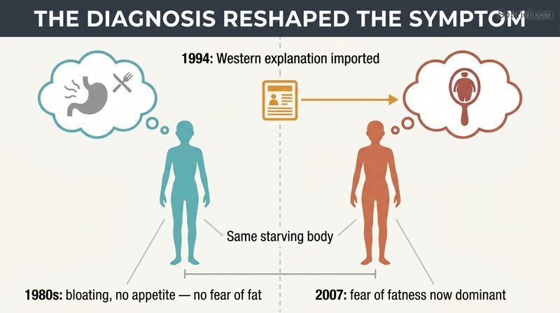 Before-and-after split showing the same starving patient explaining her illness through bodily sensations until imported Western media replaces it with fear of fat.