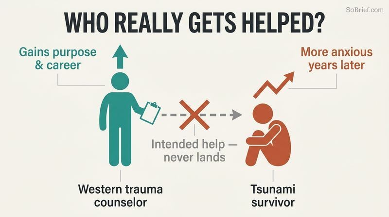 Two facing figures where the intended help arrow between a counselor and a survivor is crossed out, while the counselor gains and the survivor grows more anxious.