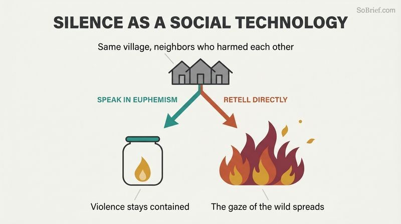 A fork shows the same village choosing cautious euphemism, which contains a single flame, versus direct retelling, which spreads fire into renewed violence.