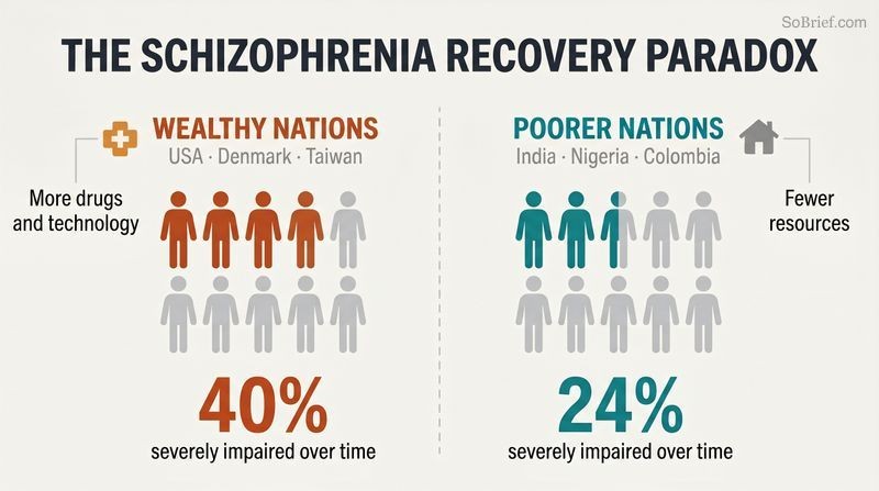 Split panel comparing severe-impairment rates, showing wealthy nations at 40 percent versus poorer nations at 24 percent. The image reveals that more medical resources correlate with worse long-term recovery.