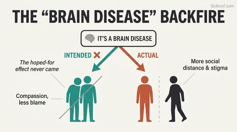 A single message forks into an intended outcome of compassion, crossed out, and the actual outcome of greater social distance and stigma.