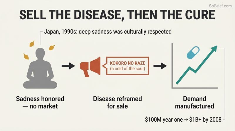 Three-stage chain showing how a drug company reframed honored sadness as a treatable illness, manufacturing demand and exploding antidepressant sales.
