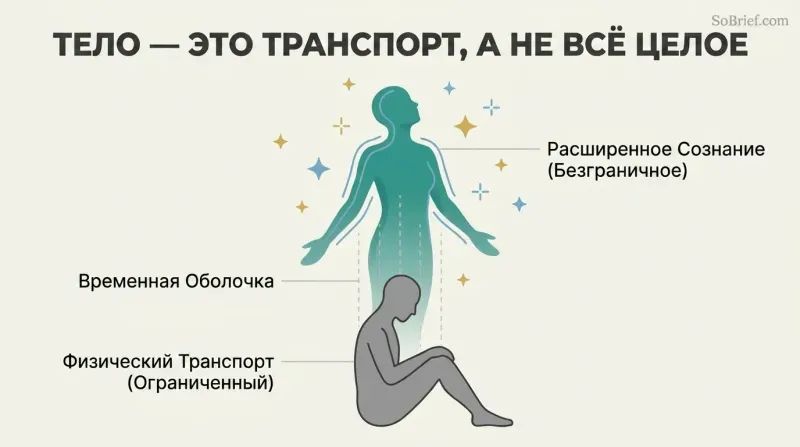Diagram showing a vibrant, expanded teal energy silhouette rising out of a resting gray physical body silhouette, illustrating consciousness expanding beyond its physical vehicle.