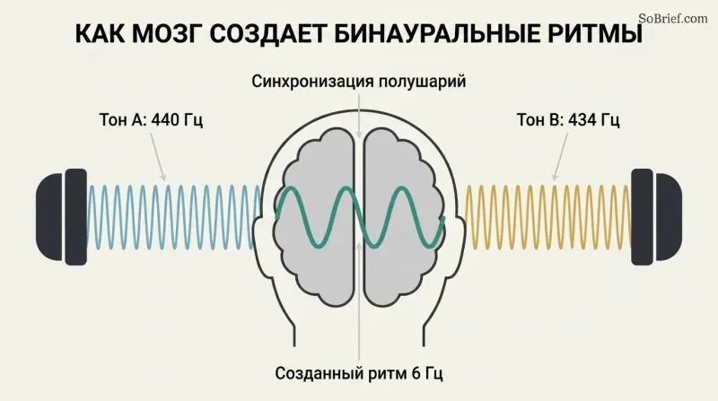 Symmetrical schematic showing a 440 Hz tone and 434 Hz tone entering the ears to produce a synchronized 6 Hz wave in the brain.