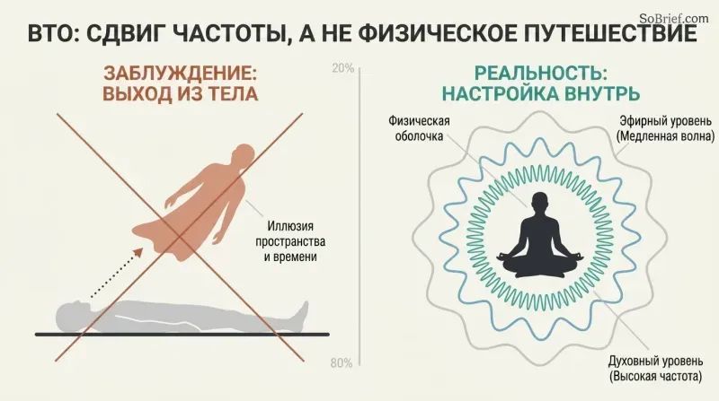 Split-panel diagram contrasting the illusion of physically leaving the body with the reality of shifting energy frequencies within nested layers of self.
