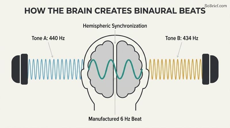 Symmetrical schematic showing a 440 Hz tone and 434 Hz tone entering the ears to produce a synchronized 6 Hz wave in the brain.