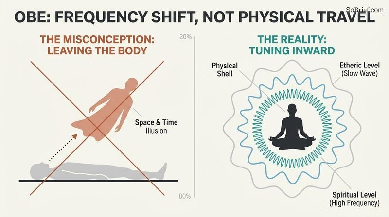 Split-panel diagram contrasting the illusion of physically leaving the body with the reality of shifting energy frequencies within nested layers of self.
