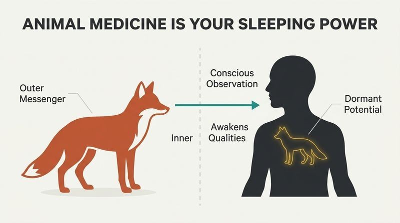 Split mirror diagram with a wild fox on the left and a human silhouette on the right containing a glowing gold fox within.