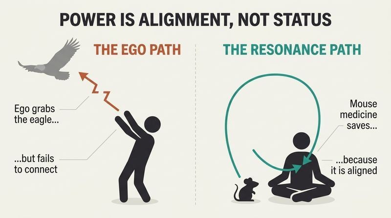 Split panel diagram comparing an ego-driven, disconnected relationship with a high-status eagle versus a receptive, powerful connection with a humble mouse.