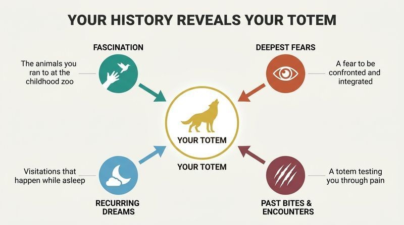 A convergence diagram showing how four historical markers—fascination, dreams, fear, and attacks—serve as pathways pointing directly toward discovering your totem animal.