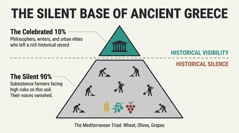 A two-tier pyramid diagram illustrating that the celebrated 10% of Greek elites sat atop a massive, invisible 90% foundation of subsistence farmers who left no historical trace.