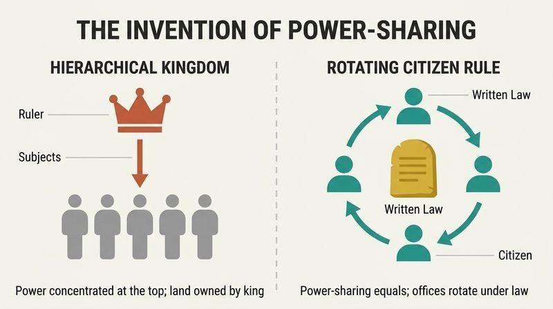Split panel diagram comparing a top-down hierarchical kingdom with a circular, power-sharing system of rotating equals under law.