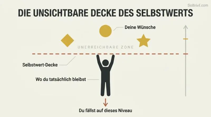 A silhouette figure reaching upward is blocked by a dashed horizontal line representing self-worth, with glowing goals floating unreachable above.