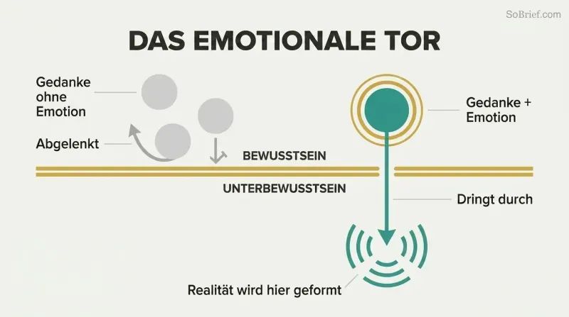 Cross-section showing gray thoughts bouncing off a membrane while one emotionally charged thought penetrates through into the subconscious mind below.