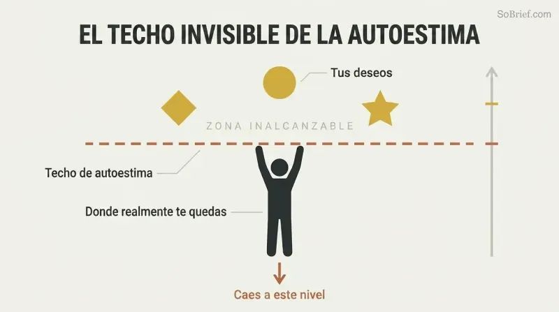 A silhouette figure reaching upward is blocked by a dashed horizontal line representing self-worth, with glowing goals floating unreachable above.