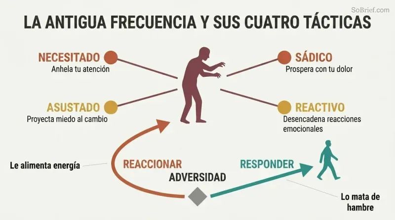 Dark silhouette with four radiating tactics labeled Needy, Sadistic, Scared, and Reactive, with a fork below showing reacting feeds it while responding starves it.