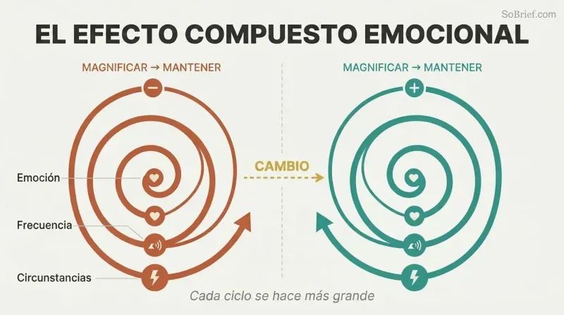 Two expanding spirals side by side show how negative and positive emotions each compound through a magnify-and-maintain cycle, with a switch arrow between them.
