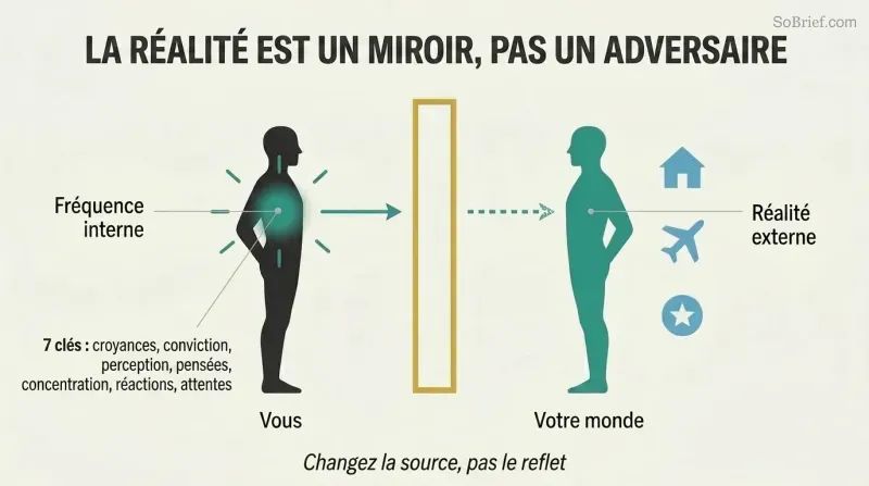 A person silhouette with seven internal frequency keys faces a vertical mirror that reflects a matching external reality, showing that circumstances mirror internal state.