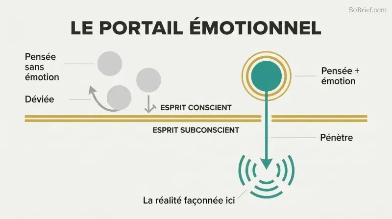 Cross-section showing gray thoughts bouncing off a membrane while one emotionally charged thought penetrates through into the subconscious mind below.