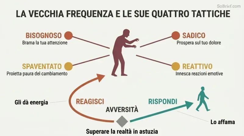 Dark silhouette with four radiating tactics labeled Needy, Sadistic, Scared, and Reactive, with a fork below showing reacting feeds it while responding starves it.