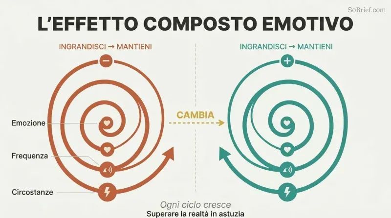 Two expanding spirals side by side show how negative and positive emotions each compound through a magnify-and-maintain cycle, with a switch arrow between them.