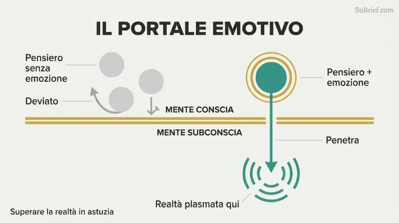 Cross-section showing gray thoughts bouncing off a membrane while one emotionally charged thought penetrates through into the subconscious mind below.