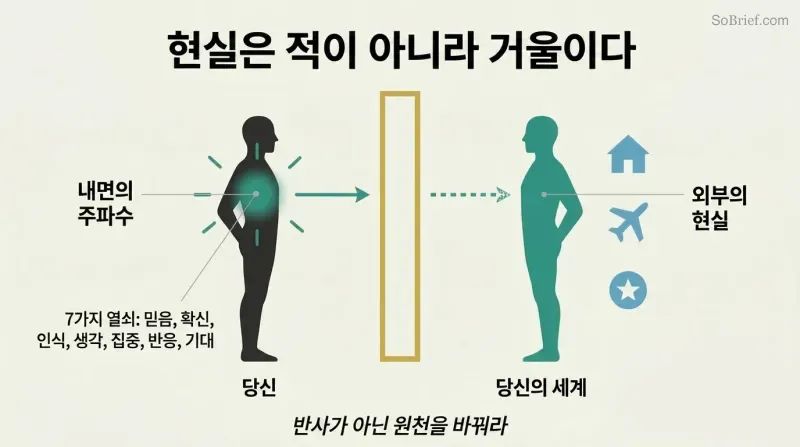 A person silhouette with seven internal frequency keys faces a vertical mirror that reflects a matching external reality, showing that circumstances mirror internal state.