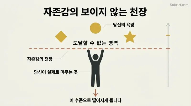 A silhouette figure reaching upward is blocked by a dashed horizontal line representing self-worth, with glowing goals floating unreachable above.