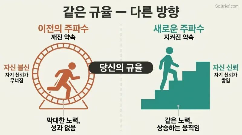 Split panel comparing a figure running on a hamster wheel under old frequency versus the same figure climbing ascending stairs under new frequency, connected by a shared discipline label at center.