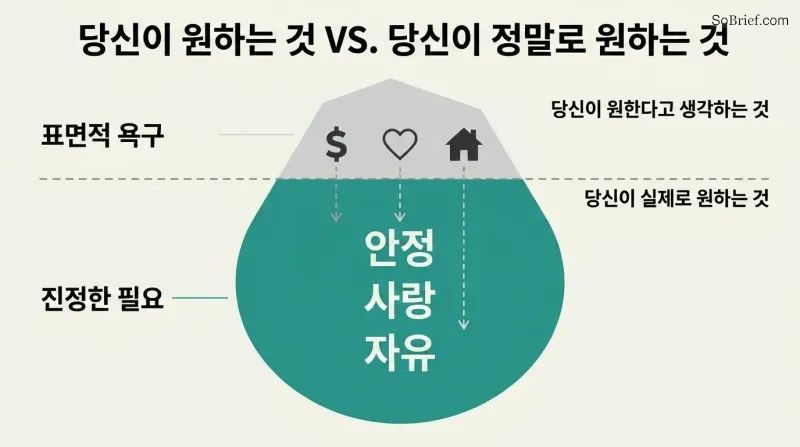 Iceberg diagram with small material objects above a waterline and large feeling words below, showing desires mask deeper emotional needs.