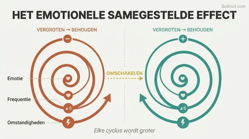 Two expanding spirals side by side show how negative and positive emotions each compound through a magnify-and-maintain cycle, with a switch arrow between them.