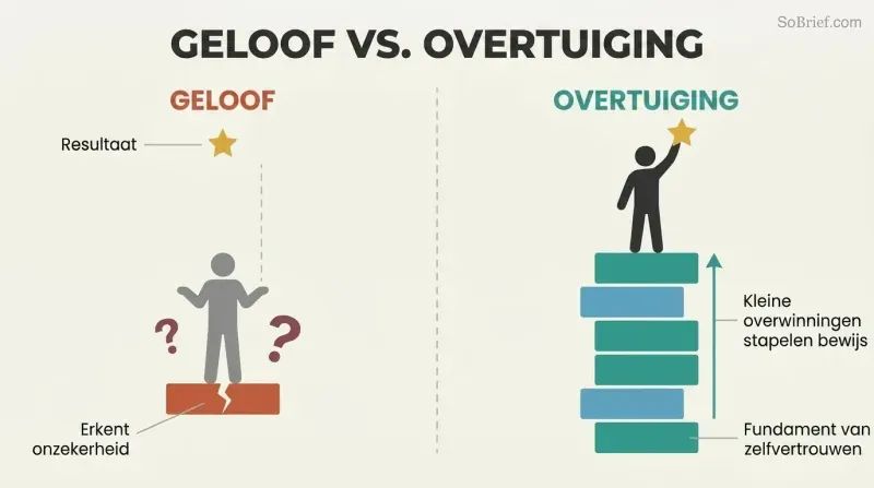 Split panel comparing a single thin cracked block labeled belief on the left to a tall stack of solid blocks representing small wins building conviction on the right, with a figure on top reaching a star.