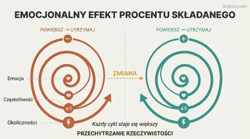 Two expanding spirals side by side show how negative and positive emotions each compound through a magnify-and-maintain cycle, with a switch arrow between them.