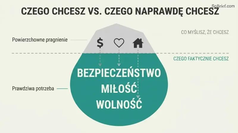 Iceberg diagram with small material objects above a waterline and large feeling words below, showing desires mask deeper emotional needs.