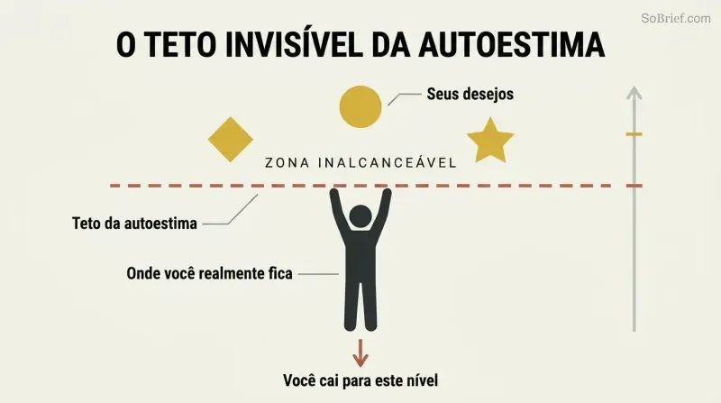 A silhouette figure reaching upward is blocked by a dashed horizontal line representing self-worth, with glowing goals floating unreachable above.