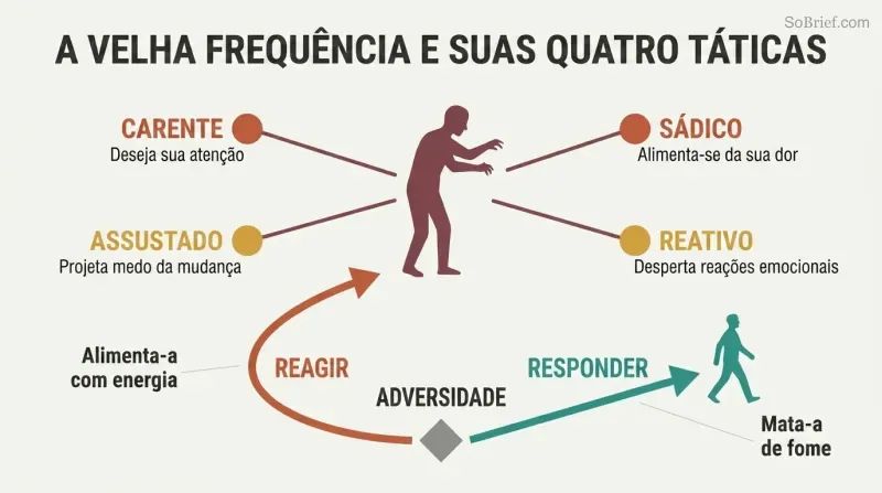Dark silhouette with four radiating tactics labeled Needy, Sadistic, Scared, and Reactive, with a fork below showing reacting feeds it while responding starves it.