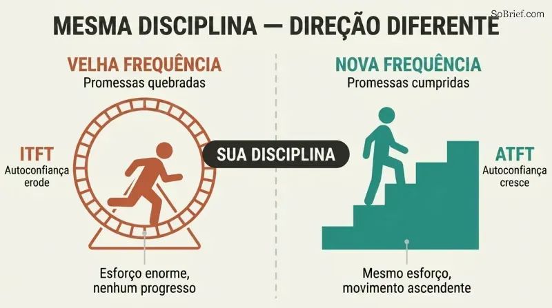 Split panel comparing a figure running on a hamster wheel under old frequency versus the same figure climbing ascending stairs under new frequency, connected by a shared discipline label at center.