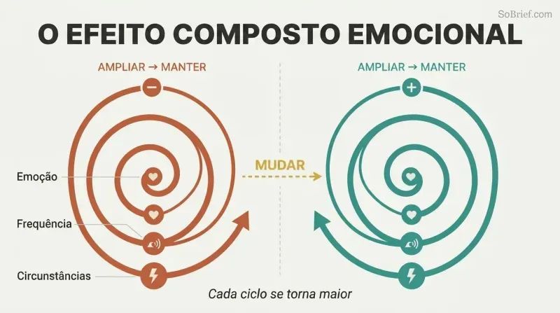 Two expanding spirals side by side show how negative and positive emotions each compound through a magnify-and-maintain cycle, with a switch arrow between them.