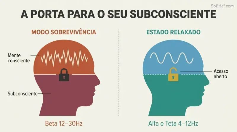 Split panel comparing two head silhouettes: one in survival mode with jagged brainwaves and a locked subconscious layer, the other relaxed with smooth waves and an open subconscious layer.