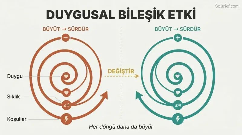 Two expanding spirals side by side show how negative and positive emotions each compound through a magnify-and-maintain cycle, with a switch arrow between them.