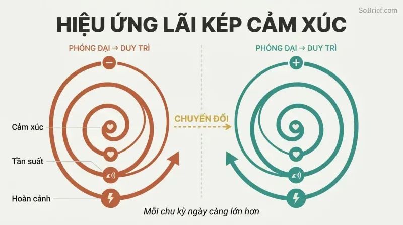 Two expanding spirals side by side show how negative and positive emotions each compound through a magnify-and-maintain cycle, with a switch arrow between them.
