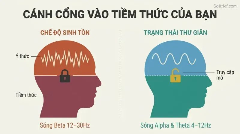 Split panel comparing two head silhouettes: one in survival mode with jagged brainwaves and a locked subconscious layer, the other relaxed with smooth waves and an open subconscious layer.