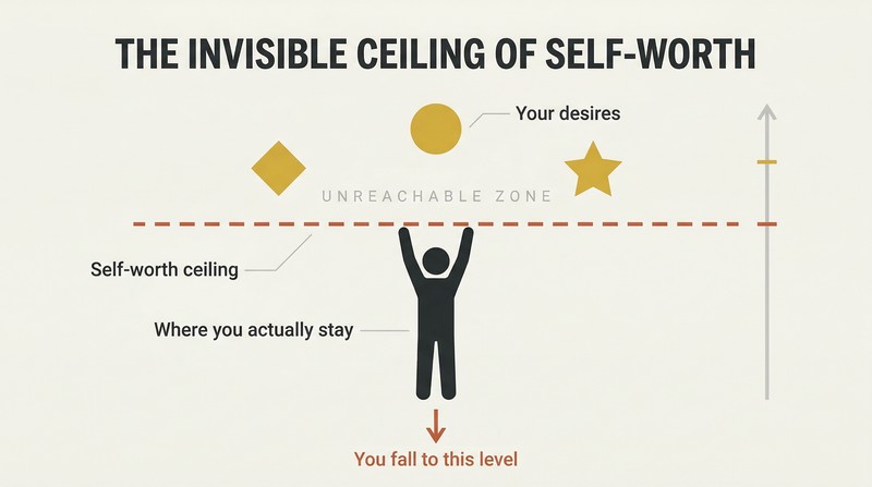 A silhouette figure reaching upward is blocked by a dashed horizontal line representing self-worth, with glowing goals floating unreachable above.