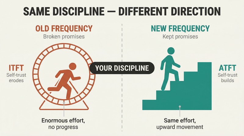 Split panel comparing a figure running on a hamster wheel under old frequency versus the same figure climbing ascending stairs under new frequency, connected by a shared discipline label at center.