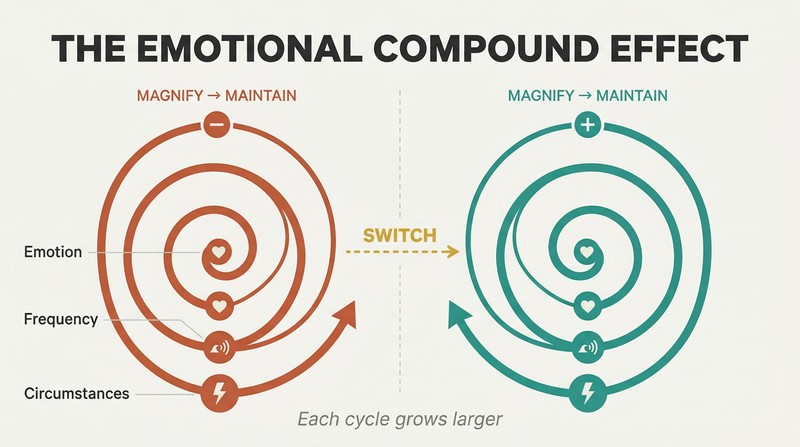 Two expanding spirals side by side show how negative and positive emotions each compound through a magnify-and-maintain cycle, with a switch arrow between them.