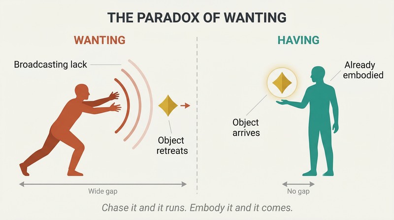 Split panel comparing a figure desperately reaching toward a distant object on the left versus a relaxed figure with the same object resting in hand on the right.